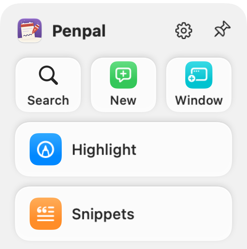 The top of Penpal's dock: Search, New and Window under the header, then Highlight and Snippets