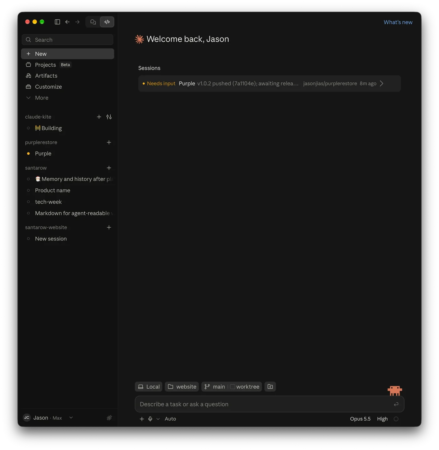 The Claude app after switching accounts: the sidebar lists only a few sessions