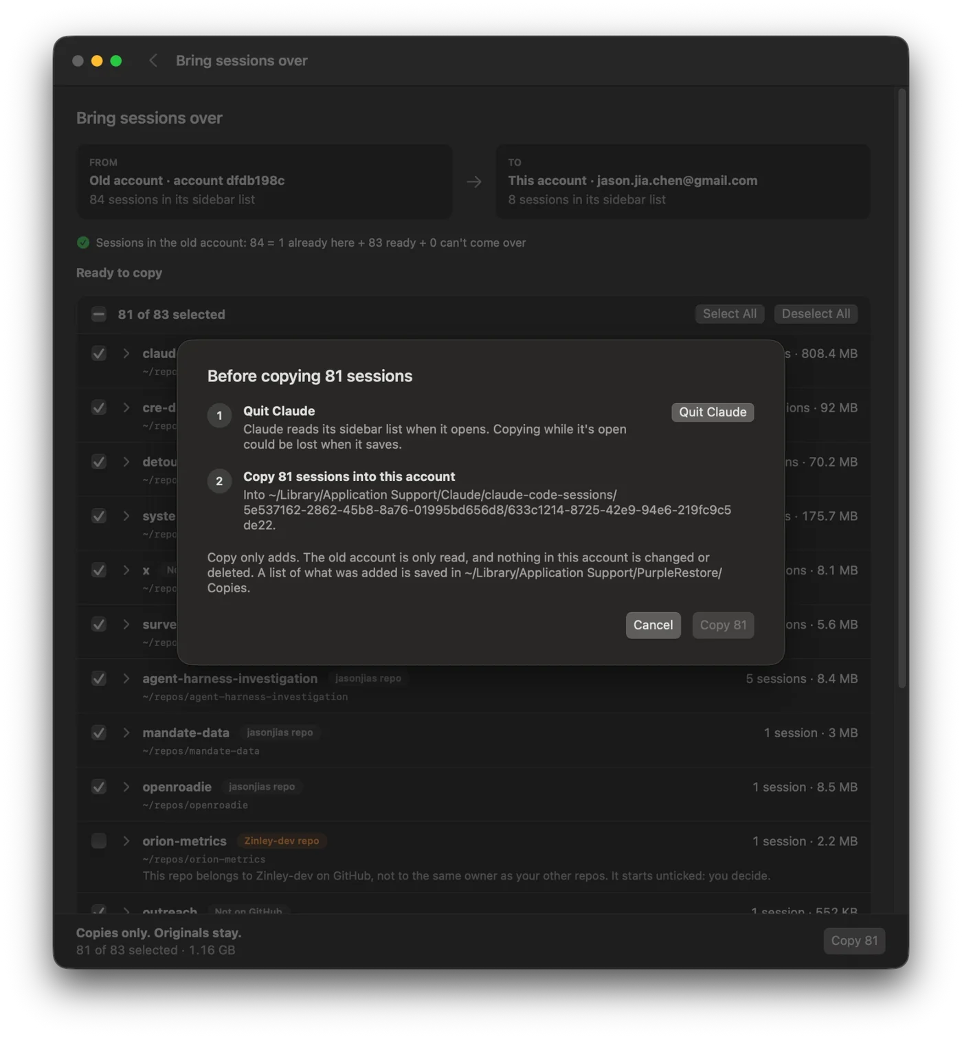 Before copying 81 sessions: step 1, Quit Claude, with a Quit Claude button; Copy is not available yet