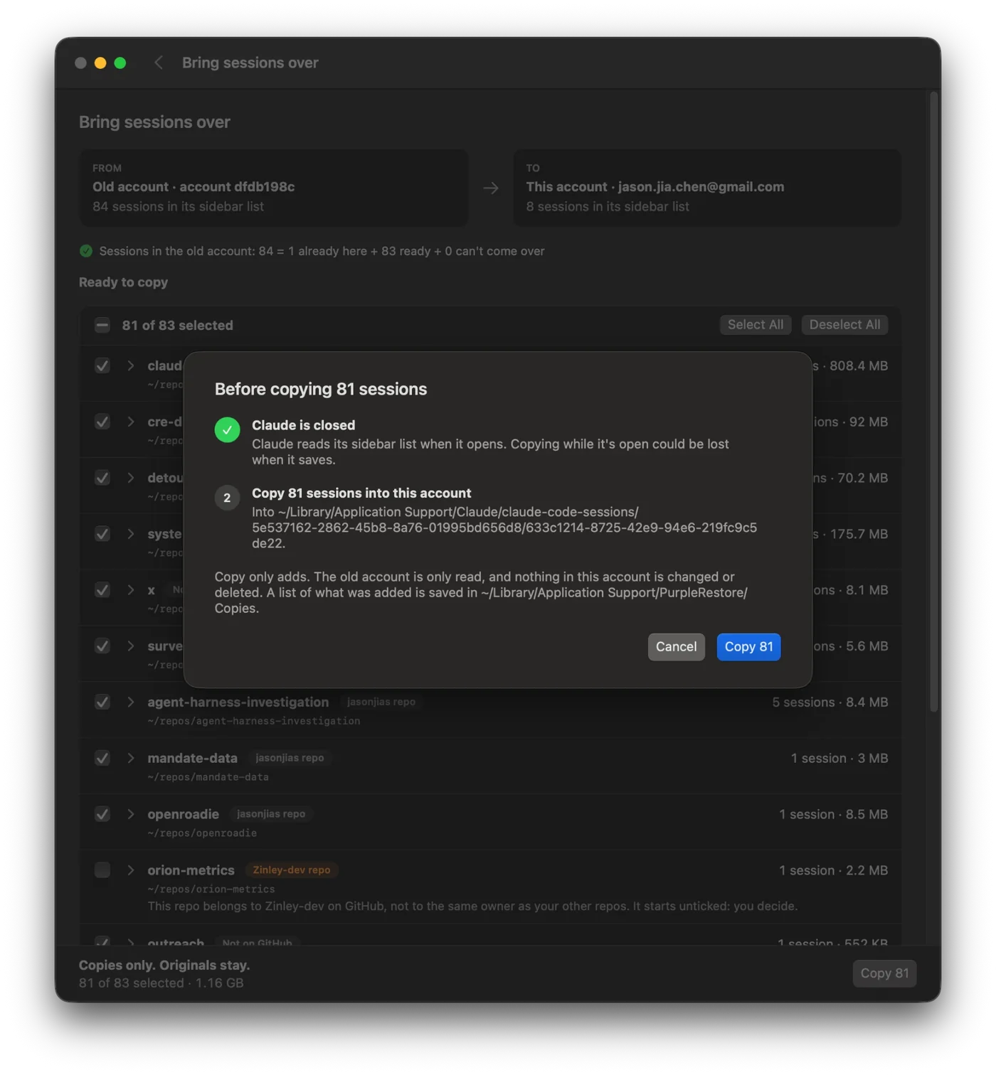 Claude is closed, shown with a green check; the Copy 81 button is now available