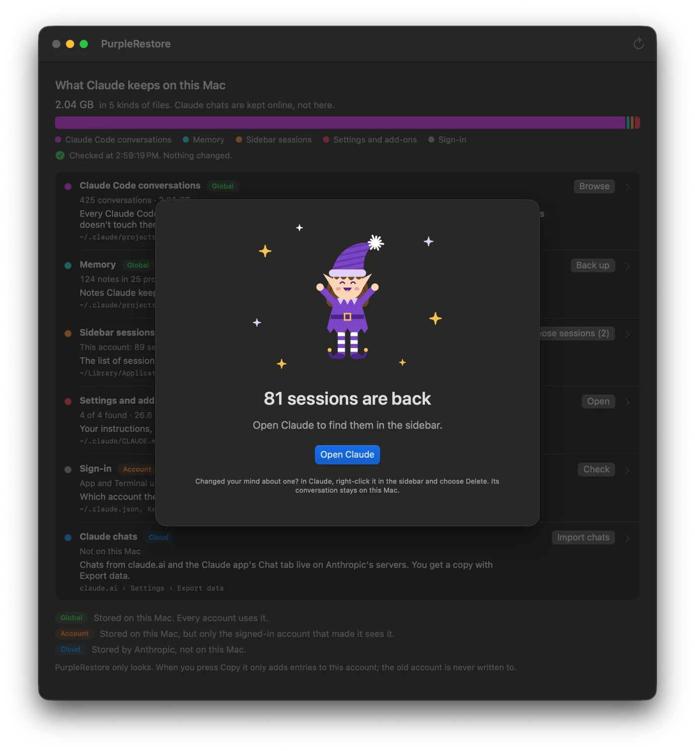 Purple cheering: 81 sessions are back. Open Claude to find them in the sidebar.