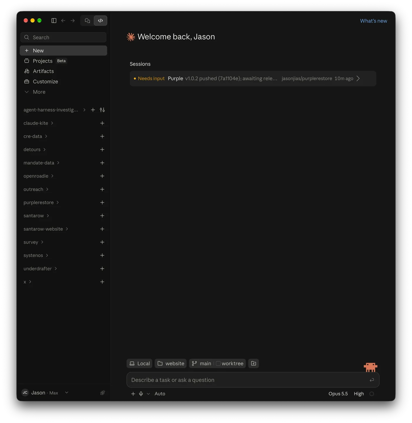The Claude app's sidebar with every project folder listed